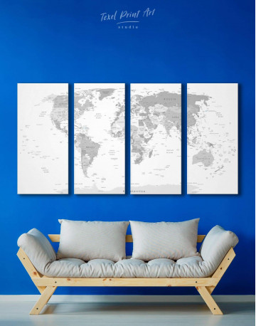 4 Panels Light Grey Pushpin World Map Canvas Wall Art