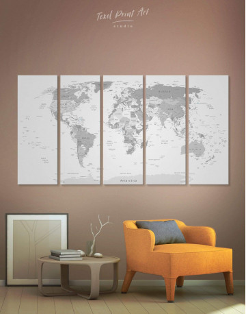 5 Panels Light Grey Pushpin World Map Canvas Wall Art