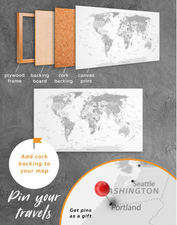 Light Grey Pushpin World Map Canvas Wall Art - image 5