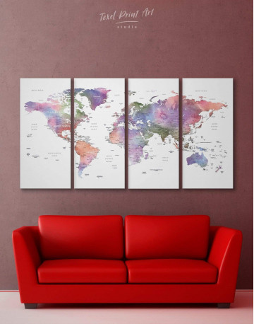 4 Panels Violet Watercolor Push Pin World Map Canvas Wall Art
