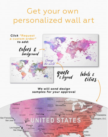 5 Panels Violet Watercolor Push Pin World Map Canvas Wall Art - image 1
