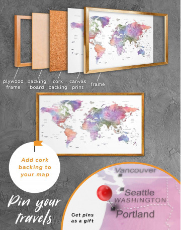 Framed Violet Watercolor Push Pin World Map Canvas Wall Art - image 3
