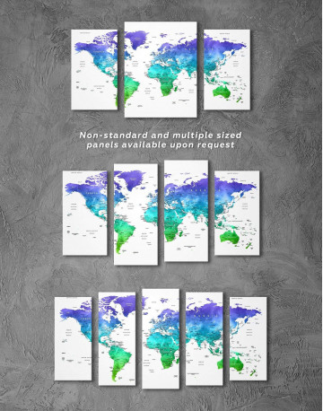 3 Panels Green and Blue Watercolor Pushpin World Map Canvas Wall Art - image 4