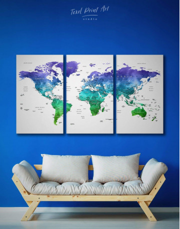 3 Panels Green and Blue Watercolor Pushpin World Map Canvas Wall Art