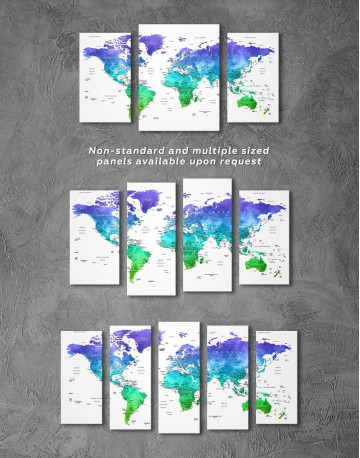 4 Panels Green and Blue Watercolor Pushpin World Map Canvas Wall Art - image 4