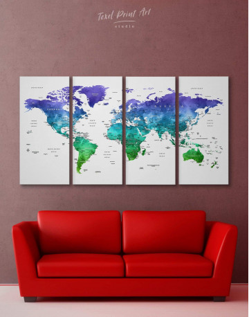 4 Panels Green and Blue Watercolor Pushpin World Map Canvas Wall Art