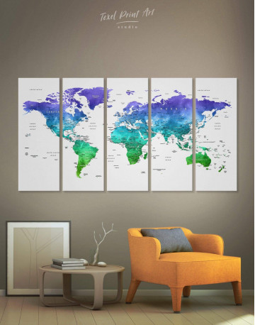 5 Panels Green and Blue Watercolor Pushpin World Map Canvas Wall Art