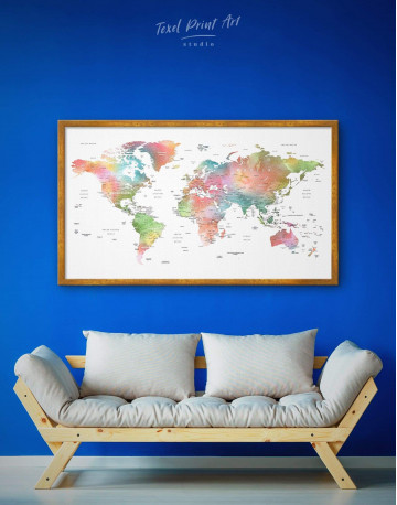 Framed Watercolor World Travel Push Pin Map Canvas Wall Art - image 1