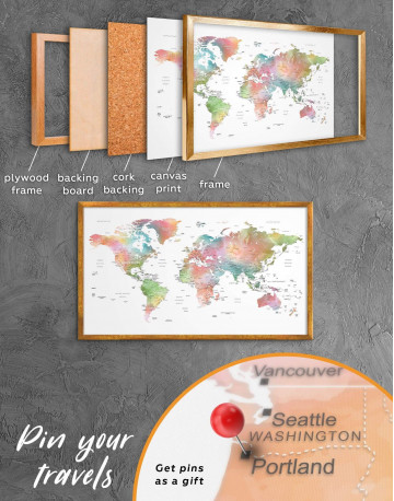 Framed Watercolor World Travel Push Pin Map Canvas Wall Art - image 3