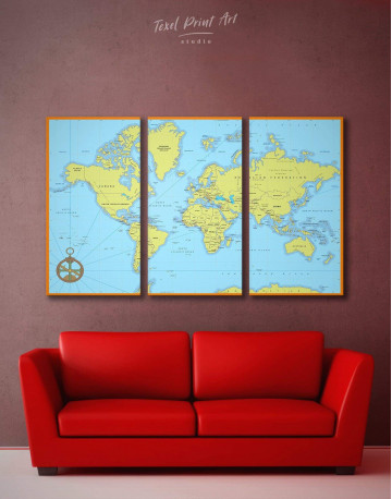 3 Piece Political World Map with Pins Canvas Wall Art