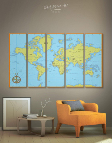 5 Piece Political World Map with Pins Canvas Wall Art