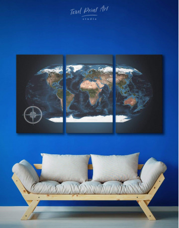 3 Panel Topographic World Map Canvas Wall Art