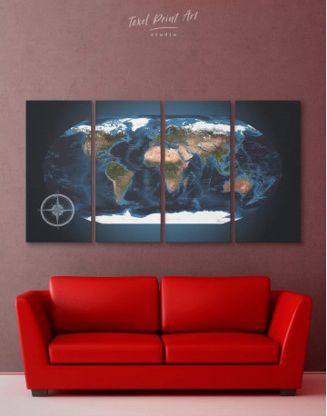 4 Piece Topographic World Map Canvas Wall Art
