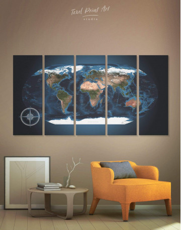 5 Panel Topographic World Map Canvas Wall Art