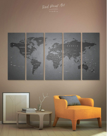 5 Panels Grey Push Pin World Map Canvas Wall Art