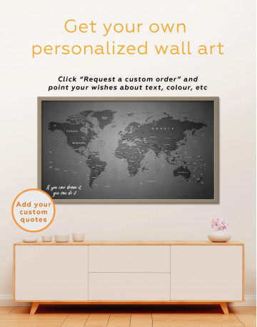 Framed Grey Push Pin World Map Canvas Wall Art - image 1