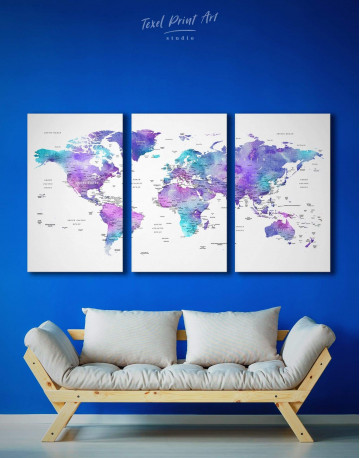 3 Panels Violet Travel World Map Canvas Wall Art