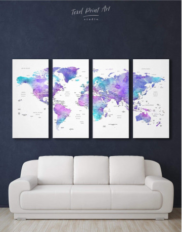 4 Pieces Violet Travel World Map Canvas Wall Art