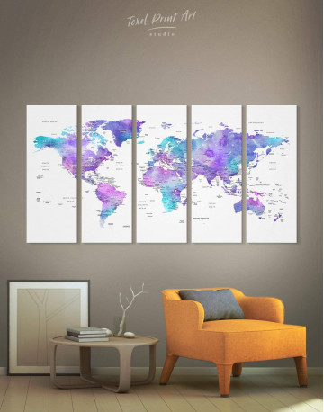 5 Panels Violet Travel World Map Canvas Wall Art