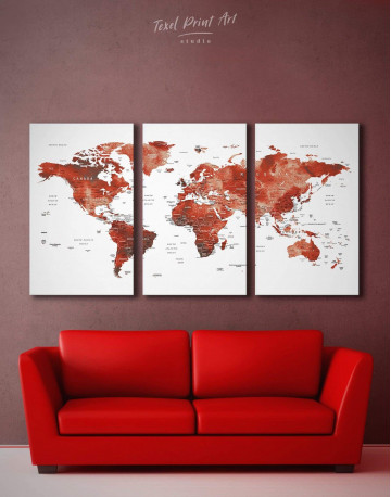 3 Panels Burgundy Travel Map With Pins Canvas Wall Art