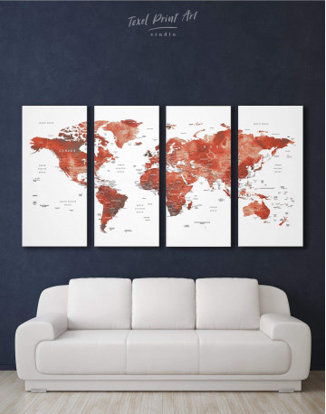 4 Panels Burgundy Travel Map With Pins Canvas Wall Art