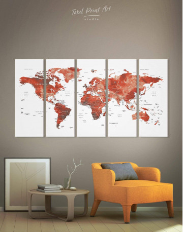 5 Pieces Burgundy Travel Map With Pins Canvas Wall Art