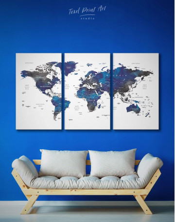 3 Panel Blue and Grey Travel World Map Canvas Wall Art