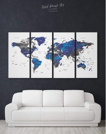 4 Panel Blue and Grey Travel World Map Canvas Wall Art