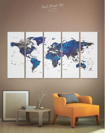 5 Panel Blue and Grey Travel World Map Canvas Wall Art