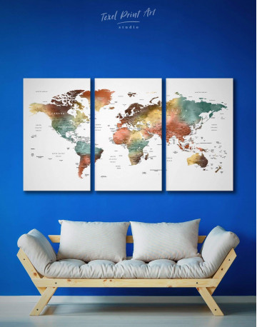3 Panels Watercolor Pushpin World Map Canvas Wall Art