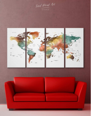 4 Piece Watercolor Pushpin World Map Canvas Wall Art