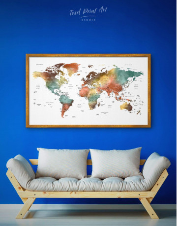 Framed Watercolor Pushpin World Map Canvas Wall Art - image 1