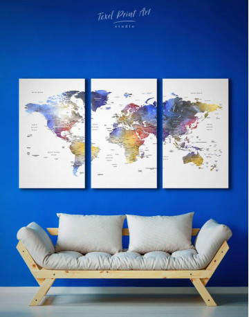 3 Panels Modern Travel Map with Pins to Push Canvas Wall Art