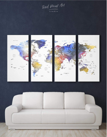 4 Panels Modern Travel Map with Pins to Push Canvas Wall Art