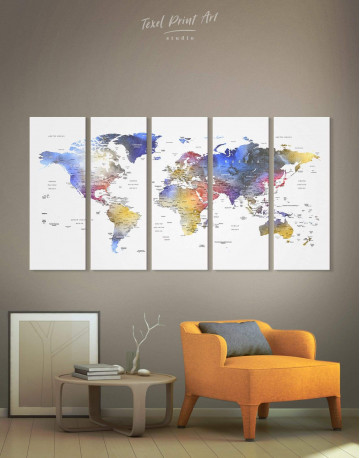 5 Pieces Modern Travel Map with Pins to Push Canvas Wall Art