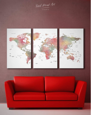 3 Panels Travel World Map With Pins Canvas Wall Art