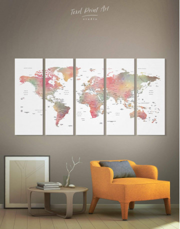 5 Pieces Travel World Map With Pins Canvas Wall Art
