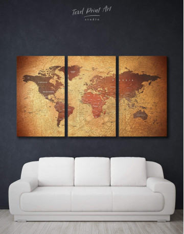 3 Panels Rustic Travel Pushpin World Map Canvas Wall Art