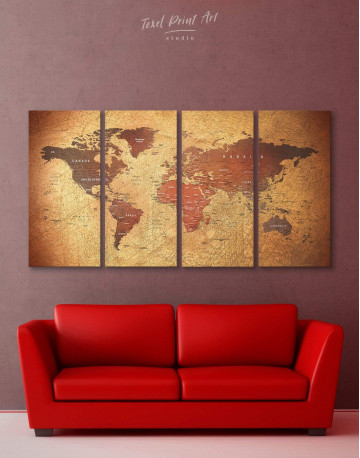 4 Pieces Rustic Travel Pushpin World Map Canvas Wall Art
