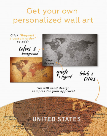 5 Panels Rustic Travel Pushpin World Map Canvas Wall Art - image 1