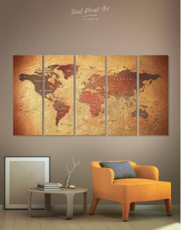 5 Panels Rustic Travel Pushpin World Map Canvas Wall Art