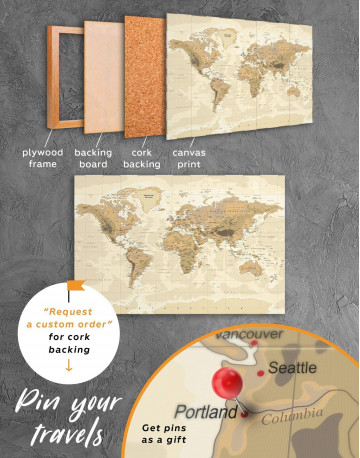 3 Panels Classic Brown World Map Canvas Wall Art - image 2