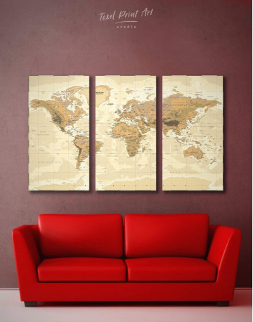 3 Panels Classic Brown World Map Canvas Wall Art