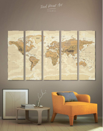 5 Panels Classic Brown World Map Canvas Wall Art