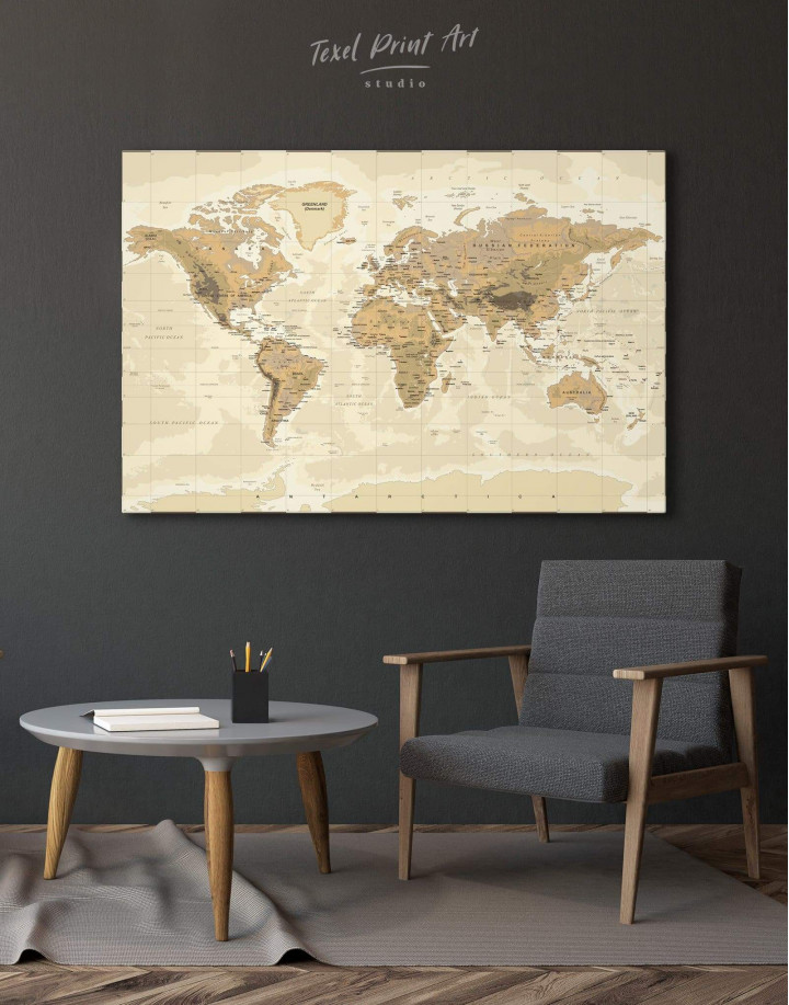 Classic Brown World Map Canvas Wall Art | TexelPrintArt