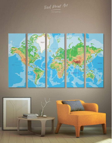 5 Panels Physical Push Pin World Map Canvas Wall Art