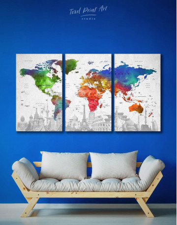 3 Pieces Watercolor Sightseeing Push Pin World Map Canvas Wall Art