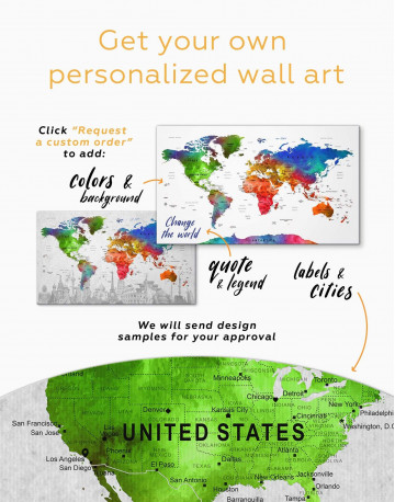 4 Panels Watercolor Sightseeing Push Pin World Map Canvas Wall Art - image 2