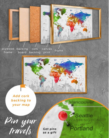 Framed Watercolor Sightseeing Push Pin World Map Canvas Wall Art - image 2