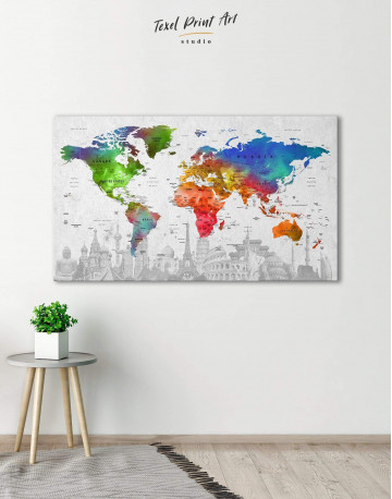 Watercolor Sightseeing Push Pin World Map Canvas Wall Art - image 1